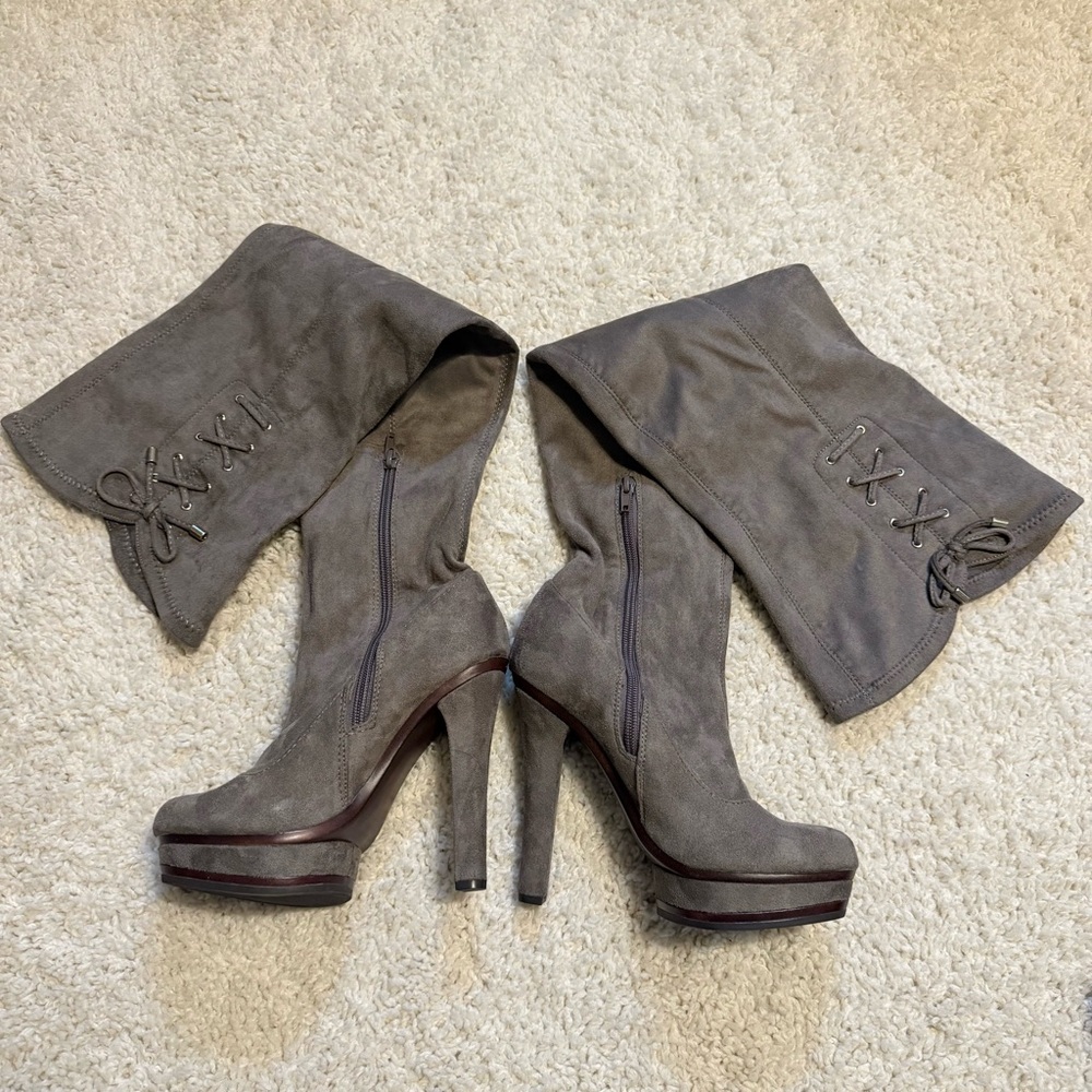 OTK Thigh High Boots Jennifer Lopez Platform Grey Faux Suede 5” Heels Size 6